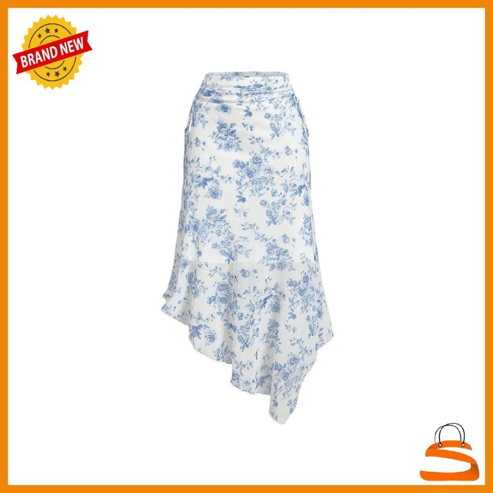 Floral Ruched Midi Skirt with Drawstring Asymmetrical Hem